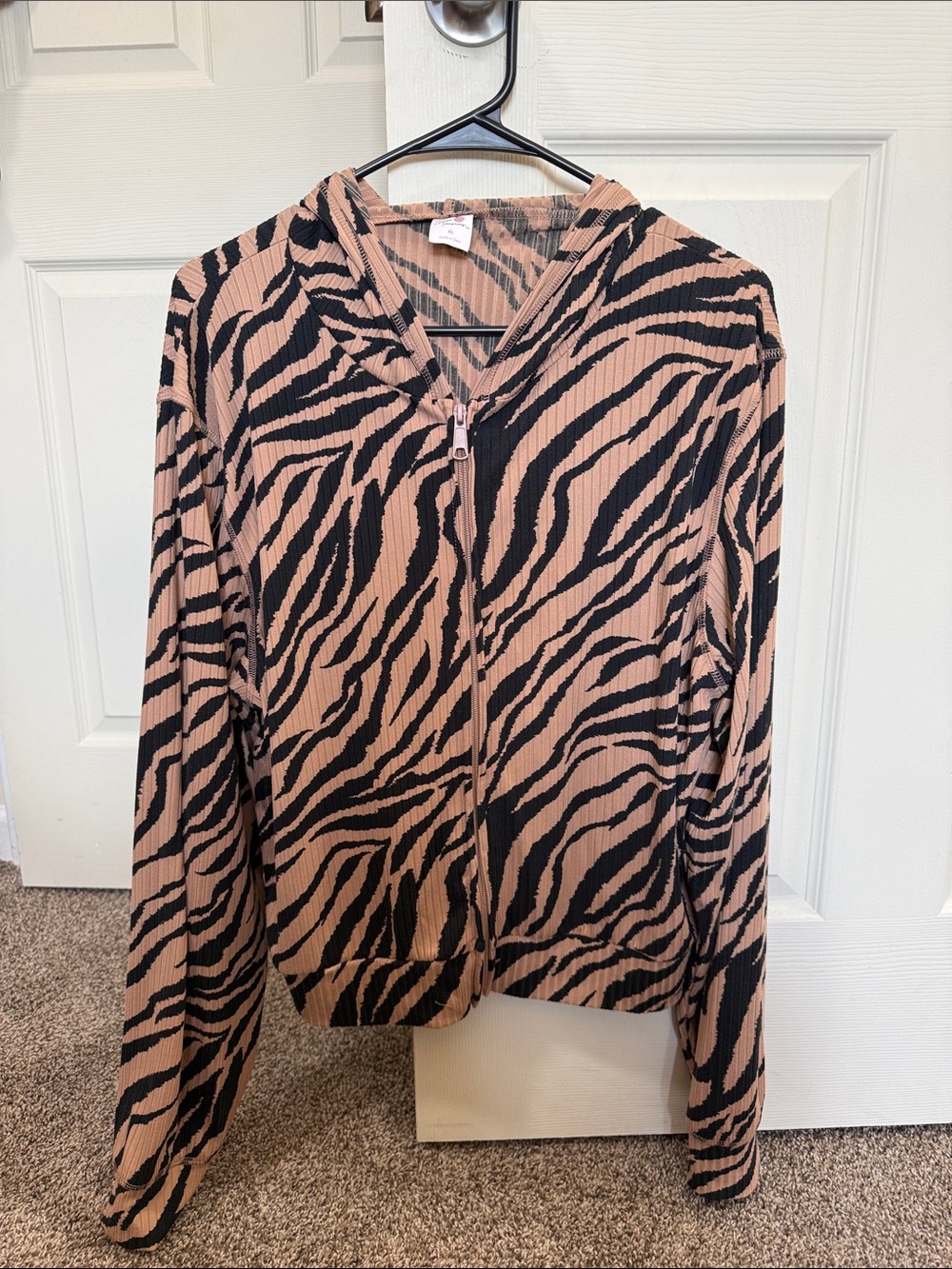 Secret Treasures Black and Tan Zebra Print Hooded Bomber Jacket